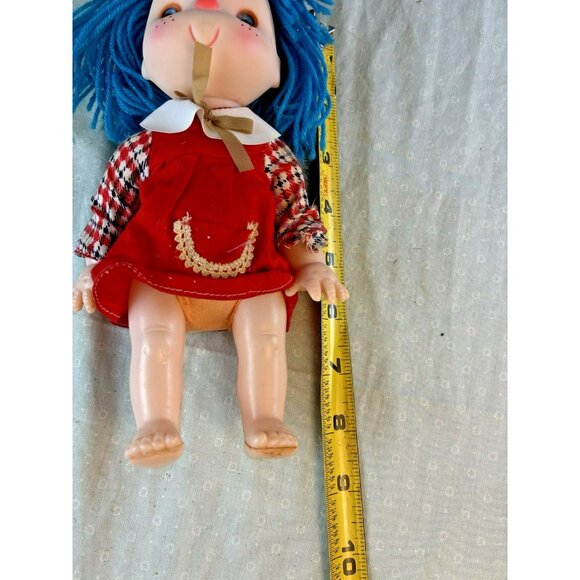Vintage Hard Plastic Ice Cream Doll 8" Red Dress Blue Yarn Hair Hong Kong - Picture 4 of 5